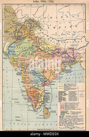 . English: A map of India during 1700–1793 AD فارسی: نقشهای از هند در سالهای ۱۷۰۰–۱۷۹۳ میلادی . 1923. V. & K. 295 India map 1700 1792 Stock Photo