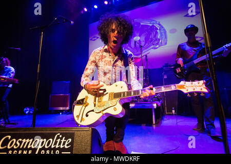 Norway, Oslo - May 31, 2018. The international progressive rock band Gong performs a live concert at Cosmopolite in Oslo. Here guitarist and singer Kavus Torabi is seen live on stage. (Photo credit: Gonzales Photo - Per-Otto Oppi). Credit: Gonzales Photo/Alamy Live News Stock Photo