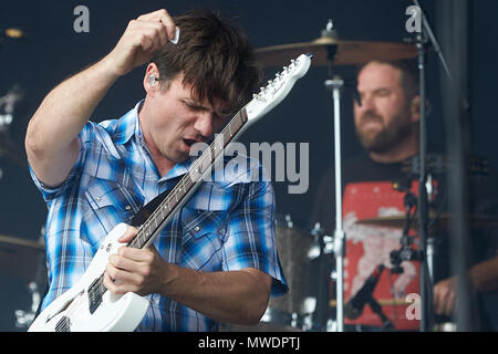 01 June 2018, Germany, Nuerburg: Frontman Jim Adkins (l) and drummer Zach Lind of the American alternative rock band 'Jimmy Eat World' perform on the main stage of the music festival 'Rock am Ring', which features 80 bands on 3 different stages. Photo: Thomas Frey/dpa Stock Photo