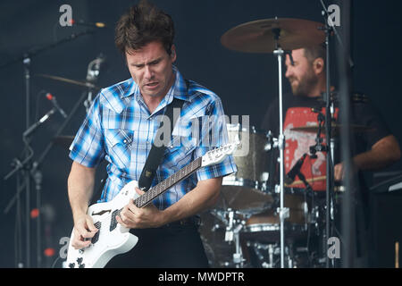 01 June 2018, Germany, Nuerburg: Frontman Jim Adkins (l) and drummer Zach Lind of the American alternative rock band 'Jimmy Eat World' perform on the main stage of the music festival 'Rock am Ring', which features 80 bands on 3 different stages. Photo: Thomas Frey/dpa Stock Photo