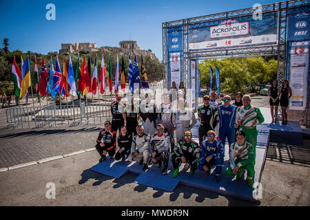 Athens. 1st June, 2018. Participating racing crews pose for a group photo at the starting line of the Acropolis Rally 2018 at the foot of Acropolis hill in Athens, Greece, 1 June 2018. Credit: Panagiotis Moschandreou/Xinhua/Alamy Live News Stock Photo