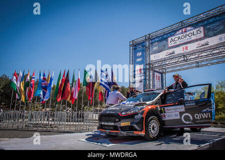 Athens. 1st June, 2018. Alexey Lukyanuk and his co-pilot Alexey Arnautov with their Ford Fiesta R5 react at the starting line of the Acropolis Rally 2018 at the foot of Acropolis hill in Athens, Greece, 1 June 2018. Credit: Panagiotis Moschandreou/Xinhua/Alamy Live News Stock Photo