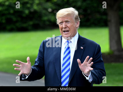 US President Donald Trump speaks to the press after meeting with Kim Yong Chol, former North Korean military intelligence chief and one of leader Kim Jong Un's closest aides, on the South Lawn of the White House in Washington on Friday, June 1, 2018. Credit: Olivier Douliery/Pool via CNP | usage worldwide Stock Photo