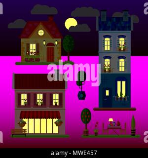 A set of flat illustrations of houses at night. One-storey, two-storey and three-storey building. Vector. Stock Vector