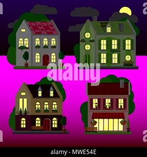 A set of flat illustrations of houses at night. Two-storey building. Vector. Stock Vector