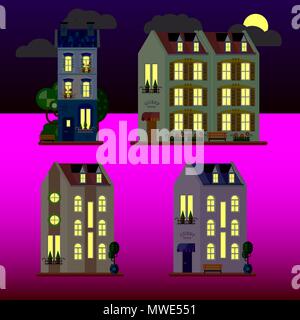 A set of flat illustrations of houses at night. Three-storey building. Vector. Stock Vector