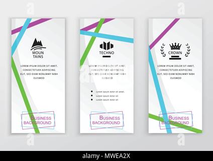 Set of business white vertical banners with brigh colorful thin ribbons. Abstract vector background. Clean design for business, medicine, technology, pharmacy, department stores, shops Stock Vector