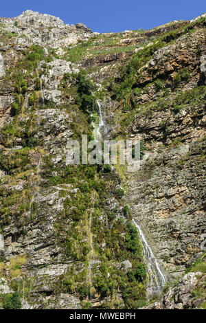 Ribbon waterfall in the sunshine from the Tweede Waterval hike in the Jonkershoek, Cape Nature nature reserve, garden route, south africa Stock Photo