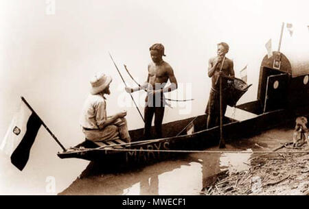 . On 'Maryś' (in Polish means: Mary) boat on an African river. The photo probably taken by Kazimierz Nowak (1897-1937, the author is on the photo; taken probably by a self-timer) during his trip through Africa - a Polish traveller, correspondent and photographer. Probably the first man in the world who crossed Africa alone from the North to the South and from the South to the North (from 1931 to 1936; on foot, by bicycle and canoe). circa about 1931-36. probably Kazimierz Nowak or an unknown author 404 Marys boat Stock Photo