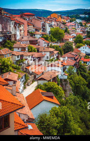 Beautiful view over the old town with a traditional architecture of Veliko Tarnovo on a sunny summer day in Bulgaria Stock Photo