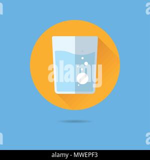 effervescent tablet in glass of water flat design long shadow vector icon Stock Vector