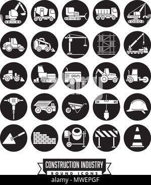 Industrial construction machinery and tools round solid black icon collection Stock Vector