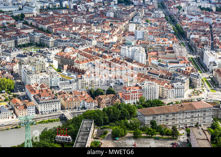 Aerial view of Grenoble old town and Isere river, Auvergne-Rhone-Alpes region, France. Buildings architecture. View from above, from Grenoble Fort Bas Stock Photo