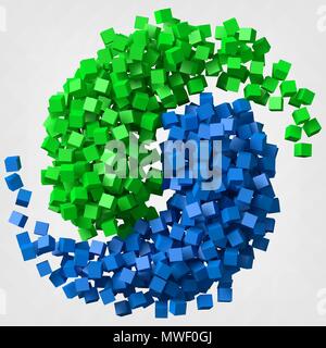 different colored cube trails rotating as ying and yang symbol. 3d style vector illustration. Stock Vector
