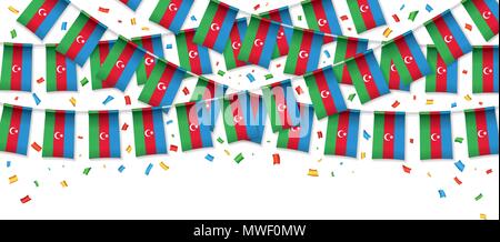 Azerbaijan flag garland white background with confetti, Hang bunting for Azerbaijani independence Day celebration template banner, Vector illustration Stock Vector