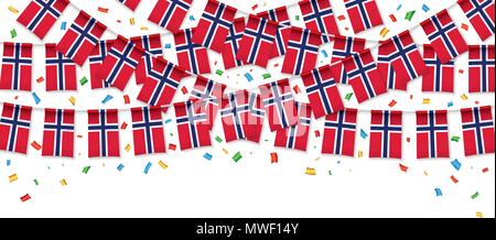 Norway flag garland white background with confetti, Hang bunting for Norway independence Day celebration template banner, Vector illustration Stock Vector