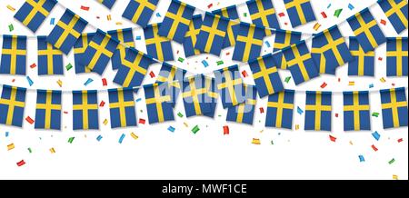 Sweden flags garland white background with confetti, Hang bunting for Swedish independence Day celebration template banner, Vector illustration Stock Vector