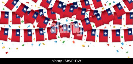 Taiwan flags garland white background with confetti, Hang bunting for Taiwanese independence Day celebration template banner, Vector illustration Stock Vector