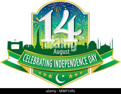 14th August Celebrating Independence Day Logo, Typographic emblems & badge with grey background, Vector illustration Stock Vector