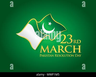 23rd March Pakistan Resolution Day, Typographic emblems and badge with green background, An inscription in English "Pakistan Resolution Day", Ribbon F Stock Vector