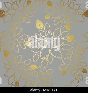 Seamless golden lace leaves pattern on grey background. This image is a vector illustration Stock Vector