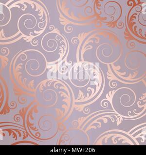 Seamless rose gold swirls and leaves wallpaper pattern. This image is a vector illustration Stock Vector