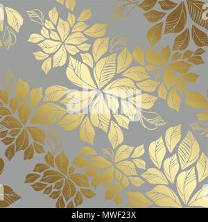 Seamless golden leaves wallpaper pattern on grey background. This image is a vector illustration. Stock Vector