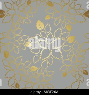 Seamless golden lace leaves pattern on grey background. This image is a vector illustration Stock Vector