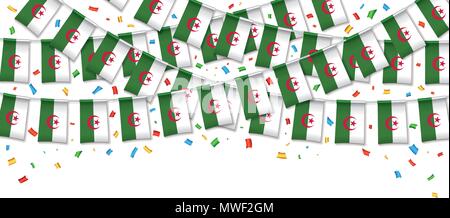 Algeria flag garland white background with confetti, Hanging bunting for Algerian independence Day celebration template banner, Vector illustration Stock Vector
