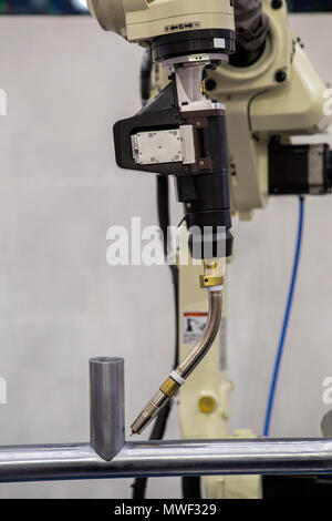 robot welding is standby in teaching mode Stock Photo