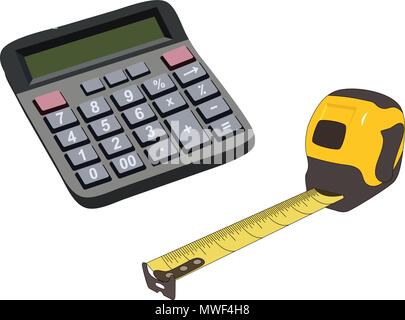 Engineering color icons set. Measuring tape, calculator. Vector isolated illustration. Stock Vector