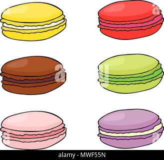 Macaroon cookies isolated on white background. Sweet and tasty vector template for cooking and restaurant menu. Stock Vector