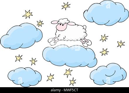 Counting sheep to fall asleep vector illustration. Cute cartoon sheep jumping over cloud. Good night sleep metaphor. Stock Vector