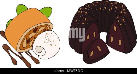 Vector bundt cake and apple strudel isolated on white background Stock Vector