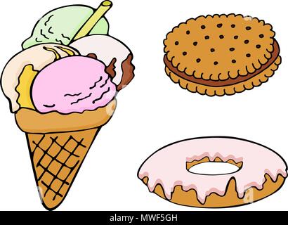 Set of hand drawn donut, ice cream, biscuit. Vector color illustration Stock Vector