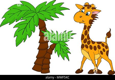 Cute Giraffe and palm tree. Vector illustration Stock Vector