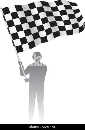 Man holding Waving Flag with checkered Black & White racing Pattern, motor sport element, Vector Illustration Stock Vector