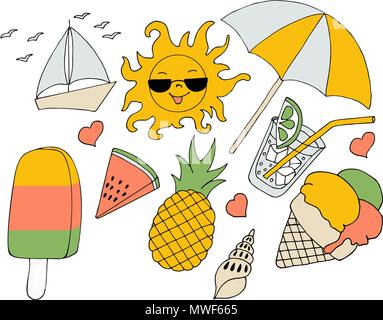 Vacation at sea sun umbrella, seashells, sunglasses, ice cream watermelon, pineapple, drink and more. Vector on white background Stock Vector