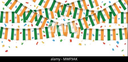 India flags garland white background with confetti, Hang bunting for Indian Independence Day celebration template banner,  Vector illustration Stock Vector