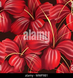 Red Orchid Flowers Seamless Pattern on Black. Vector illustration. Stock Vector