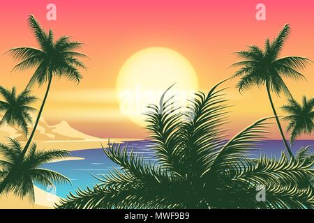 Tropical seascape with palm trees on island coastline at sunset. Vector illustration. Stock Vector