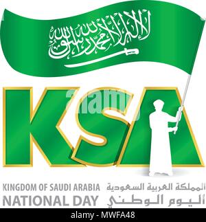 KSA National Day Logo with young Saudi hold Flag, An inscription in English & Arabic 'Kingdom Of Saudi Arabia National Day', Vector Illustration Stock Vector