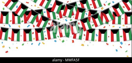 Kuwait flags garland white background with confetti, Hanging bunting for National Day celebration template banner, Vector illustration Stock Vector