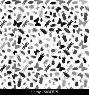 Seamless pattern with insects silhouettes - beetles, dragonflies, butterflies. Repeatable vector wallpaper Stock Vector