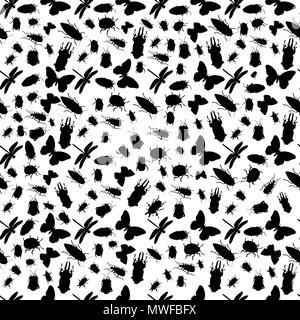 Seamless pattern with bugs, butterflies, and dragonflies silhouettes in black and white Stock Vector