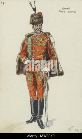 . 17. General (Ungar. Uniform), aus einer Serie von Uniformdarstellungen der k. u. k. Armee (eines von 71 zusammen angebotenen Gemälden), Mischtechnik auf Papier, 13,5 x 8,5 cm . circa 1914. Anonymous 331 K u k Armee Uniformen um1914 017 Stock Photo