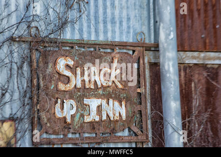 Sign at front entrance of The Shack Up Inn cotton sharecroppers theme hotel, Clarksdale, Mississippi, USA Stock Photo