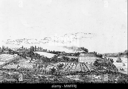 . English: Elfviks farm and factory 1816, Lidingö, Sweden. View towards east. Svenska: Elviks gård och textilfabrik på Lidingö. Teckning från 1816. Vy österut. Fabriksbygganden är med all sannolikhet tecknad överdrivet stor liksom den tillhörande herrgårdsnyggnaden till vänster uppe på höjden som avbildats som ett mindre slott vilket det bevisligen aldrig har varit. January 2007. Lidingo 183 Elfvik 1816 Stock Photo
