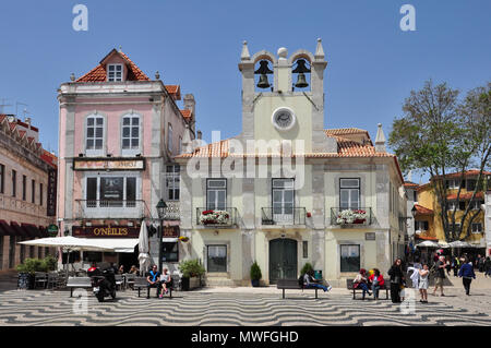 The central town square with public house and church, Cascais (near Lisbon), Portugal Stock Photo