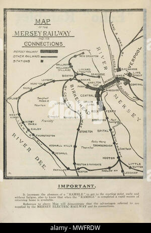 . English: The map was included in the 'Echo Rambler' a series of articles reprinted from the 'Liverpool Echo' by Michael O'Mahoney . 1915. Daily Post 394 Map showing Mersey Railway and its connections Stock Photo